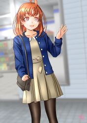 Rule 34 | 1girl, absurdres, highres, long sleeves, looking at viewer, love live!, love live! sunshine!!, medium hair, minami saan, open mouth, orange hair, smile, solo, takami chika