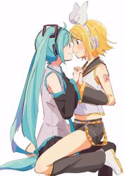 Rule 34 | 2girls, aqua eyes, aqua hair, arm tattoo, bare shoulders, belt, black legwear, blonde hair, blush, boots, bow, crop top, detached sleeves, face-to-face, hair bow, hair ornament, hair ribbon, hairclip, hatsune miku, headphones, headset, highres, imminent kiss, interlocked fingers, kagamine rin, leg warmers, long hair, m0ti, midriff, multiple girls, necktie, nervous, no eyes, noses touching, number tattoo, ribbon, sailor collar, shirt, shorts, siblings, sitting, sitting on person, sketch, skirt, sleeveless, sleeveless shirt, smile, straddling, sweatdrop, tattoo, thigh boots, thighhighs, twintails, upright straddle, very long hair, vocaloid, wavy mouth, yuri