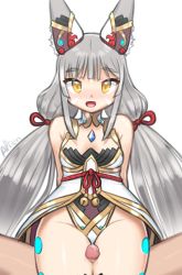 Rule 34 | 1boy, 1girl, absurdres, alten, animal ears, artist name, blush, breasts, cat ears, cleavage, covered navel, gem, hetero, highres, jewelry, long hair, looking at viewer, nia (blade) (xenoblade), nia (xenoblade), open mouth, penis, ribbon, silver hair, simple background, sitting, smile, solo focus, spoilers, thigh sex, thighs, twintails, very long hair, xenoblade chronicles (series), xenoblade chronicles 2, yellow eyes