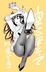 Rule 34 | 1girl, arms up, between fingers, breasts, commentary request, eyelashes, foreshortening, frilled sleeves, frills, from above, full body, greyscale with colored background, high heels, highres, holding, kamio rei, knee up, komi shin&#039;ya, leg up, legs, lips, long hair, long sleeves, looking at viewer, lying, medium breasts, nail polish, on back, pantyhose, partially unbuttoned, sidelocks, solo, sora wo matotte, thighband pantyhose, thighs, translation request, yellow background