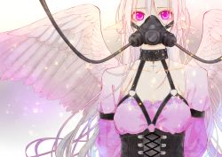 Rule 34 | 1girl, choker, corset, cross, gas mask, long hair, mask, red eyes, sennro, solo, source request, strap, white hair, wings