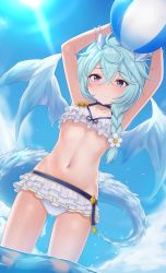 Rule 34 | 1girl, ball, bangle, bare arms, bare shoulders, beachball, bikini, blue choker, blue hair, blue sky, bracelet, braid, breasts, choker, closed mouth, cloud, collarbone, commentary request, day, dragon girl, dragon horns, dragon tail, dragon wings, flower, frilled bikini, frills, hair between eyes, hair flower, hair ornament, highres, holding, holding ball, horns, jewelry, long hair, looking at viewer, myuu (arisumeria), navel, outdoors, princess connect!, purple eyes, scales, sheffy (princess connect!), sky, small breasts, smile, solo, standing, sunlight, swimsuit, tail, water, white bikini, white flower, white wings, wings, yellow flower