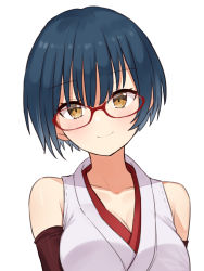 Rule 34 | 1girl, blue hair, blush, breasts, brown eyes, choco tanuki, cleavage, close-up, closed mouth, collarbone, glasses, highres, large breasts, looking at viewer, nijisanji, red-framed eyewear, short hair, sleeveless, smile, solo, upper body, virtual youtuber, yamagami karuta