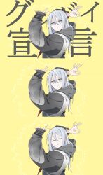 Rule 34 | 1girl, blue eyes, blue hair, closed mouth, commentary, goodbye sengen (vocaloid), grey hoodie, highres, hood, hood down, hoodie, letmevisittt, long hair, multiple views, neckerchief, ok sign, project sekai, red neckerchief, simple background, smile, song name, symbol-only commentary, upper body, v, very long hair, yellow background, yoisaki kanade