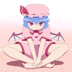 Rule 34 | 1girl, barefoot, bat wings, blue hair, bow, fang, hands on feet, hat, hat bow, indian style, plantar flexion, red eyes, remilia scarlet, shirosato, sitting, solo, touhou, v arms, wings
