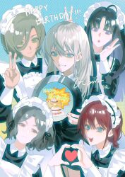 5girls :&lt; ahoge apron awa_subaru black_dress black_hair black_jacket blue_eyes brown_hair chinese_commentary commentary_request dress ebizuka_tomo evenf girls_band_cry green_eyes grey_hair hair_between_eyes hair_ornament hairclip hands_up happy_birthday heart heart_hands heart_hands_duo heart_in_heart_hands highres iseri_nina jacket kawaragi_momoka long_hair long_sleeves low_twintails maid maid_apron maid_headdress multicolored_hair multiple_girls open_mouth parted_bangs purple_eyes red_eyes red_hair roots_(hair) rupa_(girls_band_cry) short_hair short_twintails sidelocks teeth togenashi_togeari twintails upper_teeth_only v white_apron