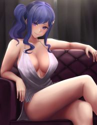 Rule 34 | 1girl, azur lane, backless dress, backless outfit, bare shoulders, blue hair, blush, breasts, center opening, cleavage, collarbone, dress, eko.art, evening gown, hair ornament, hairclip, highres, large breasts, long hair, looking at viewer, official alternate costume, one side up, pink eyes, plunging neckline, purple eyes, side ponytail, sidelocks, silver dress, smile, solo, st. louis (azur lane), st. louis (luxurious wheels) (azur lane), thighs