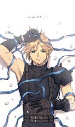 Rule 34 | 1boy, ah yoshimizu, arm up, armor, asymmetrical arms, bandaged arm, bandages, belt, black gloves, black pants, black sweater, blonde hair, blue eyes, cloud strife, commentary request, dated, final fantasy, final fantasy vii, gloves, hand on forehead, hand on own head, hand on own stomach, highres, leather belt, light smile, lying, male focus, multiple belts, on back, pants, pauldrons, petals, shadow, short hair, shoulder armor, single pauldron, sleeveless, sleeveless turtleneck, solo, spiked hair, streamers, suspenders, sweater, turtleneck, upper body, white background, white petals