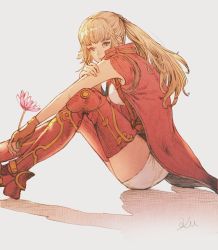 Rule 34 | 1girl, armored boots, blonde hair, blush, boots, breasts, brown gloves, closed mouth, final fantasy, final fantasy xiv, fingerless gloves, flower, gloves, hand on own arm, highres, holding, holding flower, kuroimori, long hair, looking at viewer, lyse hext, medium breasts, ponytail, shadow, shorts, sitting, sleeveless, smile, solo, thigh boots, thighhighs, thighs, white shorts, zettai ryouiki