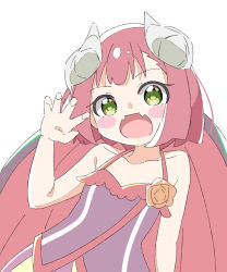 Rule 34 | 1girl, :d, bare arms, bare shoulders, blush stickers, claw pose, collarbone, commentary request, demon girl, demon horns, demon wings, dress, endro!, fangs, green eyes, hand up, highres, horns, kapuru 0410, looking at viewer, mao (endro!), open mouth, purple dress, red hair, red wings, short hair, simple background, sleeveless, sleeveless dress, smile, solo, white background, wings
