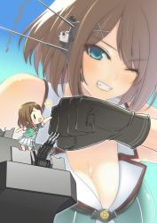 Rule 34 | 10s, 1girl, 25mm triple autocannon mount, blue eyes, breasts, brown hair, chibi, cleavage, fairy (kancolle), fist bump, gloves, grin, hair ornament, headgear, kantai collection, large breasts, makishima azusa, maya (kancolle), mini person, minigirl, one eye closed, remodel (kantai collection), short hair, smile, turret, uniform, wink