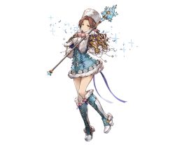 Rule 34 | 10s, 1girl, alternate costume, blue footwear, boots, brown eyes, brown hair, capelet, cross-laced footwear, full body, fur boots, fur hat, fur trim, granblue fantasy, hat, idolmaster, idolmaster cinderella girls, kawashima mizuki, knee boots, lace-up boots, long hair, minaba hideo, official art, smile, solo, staff, transparent background, white background, winter clothes