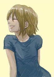 Rule 34 | 1girl, arm behind back, blue shirt, brown hair, closed eyes, collarbone, hair over one eye, k-on!, kennyo (muchimuchi), parted lips, shirt, short hair, simple background, smile, solo, tainaka ritsu, upper body, yellow background