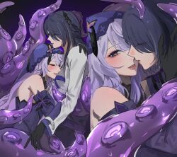 Rule 34 | 2girls, 9 (hcl9fg), acheron (honkai: star rail), black gloves, black swan (honkai: star rail), blush, closed eyes, detached sleeves, gloves, hair ornament, hair over one eye, hairclip, highres, holding another&#039;s head, honkai: star rail, honkai (series), hug, long hair, looking at another, multicolored eyes, multiple girls, pink hair, profile, purple background, purple hair, purple veil, tentacles, upper body, yuri