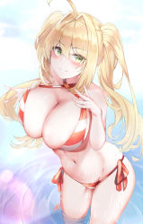 Rule 34 | 1girl, absurdres, ahoge, bad id, bad pixiv id, bannou ippoutsukou, bare shoulders, bikini, blonde hair, blush, breasts, cleavage, closed mouth, collarbone, criss-cross halter, fate/grand order, fate (series), green eyes, hair intakes, halterneck, hands on own chest, highres, large breasts, long hair, looking at viewer, navel, nero claudius (fate), nero claudius (fate) (all), nero claudius (swimsuit caster) (fate), red bikini, ripples, striped bikini, striped clothes, swimsuit, thighs, twintails, wading, water