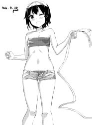 Rule 34 | 1girl, bandeau, bare shoulders, dated, garnet, greyscale, highres, midriff, monochrome, navel, one eye closed, open fly, original, short hair, short shorts, shorts, signature, solo