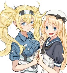 Rule 34 | 1girl, absurdres, bad id, bad twitter id, blonde hair, blue eyes, blue sailor collar, blue shirt, breasts, collared shirt, dress, gambier bay (kancolle), hairband, hat, highres, holding hands, jervis (kancolle), kantai collection, large breasts, long hair, looking at viewer, sailor collar, sailor dress, sailor hat, shirt, solo, twintails, upper body, white dress, white headwear, yunoji yusuke