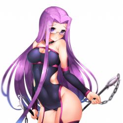 Rule 34 | 1girl, :&lt;, arm warmers, bare shoulders, black-framed eyewear, black thighhighs, blush, boruhis, breasts, chain, choker, cleavage, cleavage cutout, clothing cutout, collarbone, contrapposto, covered navel, cowboy shot, dual wielding, fate/stay night, fate (series), garter straps, glasses, groin, head tilt, highres, hip vent, holding, holding weapon, long hair, looking at viewer, medium breasts, medusa (fate), medusa (rider) (fate), medusa (rider) (third ascension) (fate), nameless dagger (fate), purple eyes, purple hair, semi-rimless eyewear, shiny skin, simple background, skin tight, solo, spikes, standing, strapless, tareme, thighhighs, under-rim eyewear, very long hair, weapon, white background