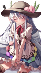 Rule 34 | 1girl, absurdres, apron, black hat, blouse, blue bow, blue hair, blue nails, blue skirt, bow, bowtie, brown footwear, buttons, cross-laced footwear, dress shirt, food, frills, fruit, hat, highres, hinanawi tenshi, leaf, long hair, mahoro (minase mahoro), neck ribbon, one eye closed, peach, puffy short sleeves, puffy sleeves, rainbow gradient, rainbow order, red bow, red eyes, ribbon, shirt, shoes, short sleeves, skirt, smile, solo, touhou, white shirt, wing collar