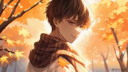 Rule 34 | 1boy, autumn, autumn leaves, brown hair, closed mouth, commentary, english commentary, falling leaves, highres, kim dokja, leaf, looking at viewer, looking back, male focus, maple leaf, omniscient reader&#039;s viewpoint, scarf, short hair, solo, taozi tea, tree, twitter username, upper body