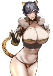 Rule 34 | 1girl, animal ears, black hair, breasts, chinese zodiac, cleavage, cowboy shot, fingerless gloves, fur collar, gloves, huge breasts, jikihatiman, large areolae, looking at viewer, open mouth, original, purple eyes, short hair, tail, tiger ears, tiger tail, tomboy, year of the tiger