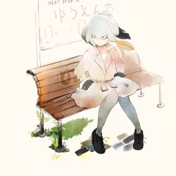 Rule 34 | 10s, 1girl, alternate costume, artist name, bench, black hair, cko (nanany k), coat, collarbone, commentary request, expressionless, floating hair, full body, grass, grey hair, grey pantyhose, hair between eyes, japari symbol, kemono friends, knees together feet apart, long hair, long sleeves, looking afar, low ponytail, multicolored hair, orange hair, pantyhose, park bench, shoebill (kemono friends), side ponytail, sitting, solo, wind