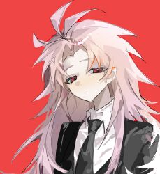 Rule 34 | 1boy, antenna hair, black jacket, black necktie, chinese commentary, closed mouth, collared shirt, commentary request, expressionless, formal, haha (abcdefg1111111111111), hatsutori hajime, highres, jacket, long hair, male focus, necktie, parted bangs, pink hair, portrait, red background, red eyes, saibou shinkyoku, shirt, simple background, solo, suit, suit jacket, white shirt