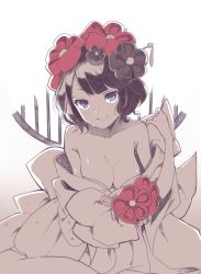 Rule 34 | 1girl, bare shoulders, black hair, blue eyes, breasts, cleavage, commentary request, fate/grand order, fate (series), flower, hair flower, hair ornament, hairpin, japanese clothes, katsushika hokusai (fate), kimono, looking at viewer, makaroni (yudejiru), medium breasts, off shoulder, partially colored, short hair, sketch, smile, solo, upper body