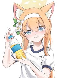 Rule 34 | 1girl, animal ears, blue archive, blue eyes, bottle, cat ears, cat girl, commentary, flower, gym shirt, hair between eyes, hair flower, hair ornament, halo, headband, highres, holding, holding bottle, long hair, looking at viewer, low ponytail, mari (blue archive), mari (track) (blue archive), merlt, official alternate costume, orange hair, pee, peeing in bottle, plastic bottle, shirt, short sleeves, sidelocks, simple background, smile, solo, visible air, white background, yellow liquid