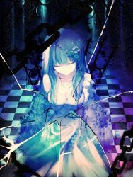 Rule 34 | 1girl, blue hair, breasts, broken glass, chain, checkered floor, cleavage, closed eyes, dress, flower, glass, highres, original, solo, x-red flower