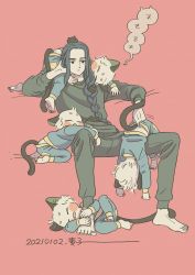 Rule 34 | 2boys, absurdres, animal ears, black pants, black shirt, black tail, braid, braided ponytail, cat boy, cat ears, cat tail, expressionless, full body, hair over shoulder, heixiu, highres, long hair, long sleeves, luo xiaohei, luo xiaohei (human), luo xiaohei zhanji, mugi-co, multiple boys, pants, pink background, shirt, short hair, simple background, tail, very long hair, white hair, wuxian (the legend of luoxiaohei), zzz