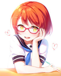 Rule 34 | 1girl, :d, blue neckerchief, commentary request, elbows on table, glasses, hachinatsu, hair ornament, hairpin, hand on own cheek, hand on own face, head rest, heart, highres, holding, holding pencil, mechanical pencil, neckerchief, open mouth, orange hair, original, pencil, red-framed eyewear, school uniform, serafuku, short hair, short sleeves, simple background, smile, solo, sparkle, upper body, white background, yellow eyes