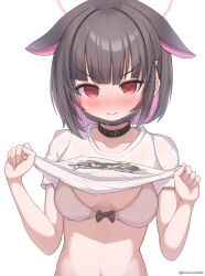 Rule 34 | 1girl, animal ears, black choker, black hair, black mask, blue archive, blush, bra, breasts, cat ears, choker, closed mouth, collarbone, extra ears, haine (artist), hair ornament, hairclip, halo, highres, kazusa (band) (blue archive), kazusa (blue archive), looking at viewer, mask, medium breasts, mouth mask, pink hair, pink halo, red eyes, revision, shirt, short hair, short sleeves, simple background, solo, twitter username, underwear, upper body, white background, white bra, white shirt