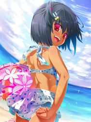 Rule 34 | 1girl, :d, adjusting clothes, adjusting swimsuit, ass, back, beach, bikini, bikini tan, black hair, day, fisheye, hair ornament, hairclip, halterneck, happy, hisasi, innertube, looking at viewer, looking back, ocean, open mouth, red eyes, short hair, short twintails, smile, solo, source request, swim ring, swimsuit, tan, tanline, twintails
