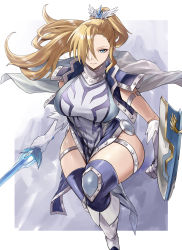 Rule 34 | 1girl, absurdres, armor, blonde hair, blue eyes, duel monster, gauntlets, greaves, highres, holding, holding sword, holding weapon, kataku musou, knight, medieval, pelvic curtain, ponytail, shield, shoulder armor, silent paladin, sword, tunic, weapon, white tunic, yu-gi-oh!