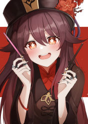 Rule 34 | 1girl, black hat, black nails, blush, brown hair, commentary, flower, food, genshin impact, gya (144), hat, hat flower, highres, holding, hu tao (genshin impact), jewelry, long hair, long sleeves, looking at viewer, nail polish, pocky, pocky day, red background, red eyes, red flower, ring, solo, symbol-shaped pupils, teeth, twintails, upper teeth only, white background