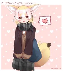 Rule 34 | 1girl, animal ear fluff, animal ears, black coat, blonde hair, border, brown cardigan, brown eyes, cardigan, casual, coat, commentary request, cowboy shot, dated, eeeee m, fennec (kemono friends), fox ears, fox tail, grey scarf, grey skirt, heart, highres, kemono friends, looking at viewer, miniskirt, open mouth, outside border, pink background, plaid, plaid scarf, plaid skirt, pleated skirt, polka dot, polka dot background, scarf, short hair, skirt, solo, spoken heart, standing, tail, translation request, twitter username, white border