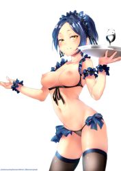 Rule 34 | arm garter, bare shoulders, blue bow, blue hair, blush, bow, bra, breasts, cameltoe, collarbone, commentary, cowboy shot, cup, cupless bra, drinking glass, english commentary, frilled bra, frilled garter, frilled hairband, frills, glass, hairband, hayami kanade, highres, holding, holding tray, idolmaster, idolmaster cinderella girls, lingerie, looking at viewer, maid, medium breasts, navel, nipples, panties, parted bangs, parted lips, patreon username, see-through, short hair, simple background, skindentation, smile, solo, sumi (oyasumie), thighhighs, tray, twitter username, underwear, underwear only, white background, wine glass, wrist cuffs, yellow eyes