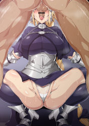Rule 34 | 1girl, absurdres, armor, armored boots, bar censor, blonde hair, blush, boots, breasts, censored, clothed female nude male, dark-skinned male, dark skin, drooling, embarrassed, fate/apocrypha, fate/grand order, fate (series), feet, fellatio, from below, gluteal fold, gradient background, groin, hair ribbon, high heels, highres, jeanne d&#039;arc (fate), jeanne d&#039;arc (ruler) (fate), large breasts, legs, long hair, low-tied long hair, no eyes, nose blush, nude, oral, panties, penis, pointless censoring, pussy, ribbon, saintshiro, saliva, simple background, solo focus, squatting, standing, sweat, testicles, thighhighs, thighs, tongue, tongue out, underwear, very long hair, view between legs