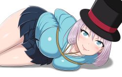 Rule 34 | 1girl, aqua eyes, arms behind back, bdsm, blush, bondage, bound, breasts, cardigan, fang, hat, highres, large breasts, light purple hair, long sleeves, looking at viewer, lying, pink lips, pleated skirt, rope, school uniform, shinjicoca, short hair, simple background, skirt, smile, solo, spanish commentary, tejina senpai, tejina senpai (series), top hat, white background