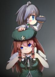 Rule 34 | 2girls, aged down, beret, binoculars, blue eyes, blush stickers, braid, carrying, child, closed mouth, collared shirt, grey hair, hair between eyes, hand on another&#039;s head, hat, highres, holding, holding binoculars, hong meiling, izayoi sakuya, jitome, long hair, long sleeves, looking afar, looking up, maid, maid headdress, multiple girls, no mouth, red hair, shirt, short sleeves, shoulder carry, star (symbol), tekina (chmr), touhou, twin braids, upper body, vest, white legwear, wing collar