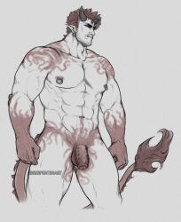 Rule 34 | 1boy, abs, bara, beard, boku no hero academia, colored skin, completely nude, cropped legs, dragon tail, earrings, endeavor (boku no hero academia), facial hair, flaccid, flame-tipped tail, forehead jewel, foreskin, gradient skin, highres, hoop earrings, horns, jewelry, large pectorals, long sideburns, looking away, male focus, mature male, monochrome, monsterification, muscular, muscular male, navel, nipple piercing, nipple rings, nipples, nude, oni, oni horns, pectorals, piercing, pointy ears, red hair, red skin, scar, scar across eye, serpentin art, short hair, sideburns, solo, spiked hair, standing, stomach, stubble, tail, thick eyebrows, thick thighs, thighs, tusks, veins, veiny arms