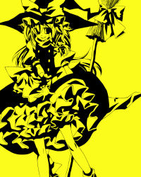 Rule 34 | 1girl, bad id, bad pixiv id, bow, braid, broom, female focus, hair bow, hat, hat bow, high contrast, highres, kirisame marisa, monochrome, senmu (0107), single braid, solo, touhou, witch, witch hat, yellow theme