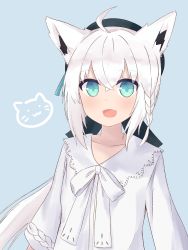 Rule 34 | 1girl, :d, absurdres, ahoge, animal ear fluff, animal ears, aqua eyes, beret, black hat, blue background, blue ribbon, blush, bow, braid, commentary request, fang, fox ears, fox girl, hair between eyes, hat, highres, hololive, ixia (ixia424), long hair, looking at viewer, open mouth, ribbon, shirakami fubuki, shirakami fubuki (street), shirt, side braid, simple background, skin fang, smile, solo, upper body, virtual youtuber, white bow, white hair, white shirt