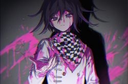 Rule 34 | 1boy, blood, blood on clothes, blood on face, blood on hands, blood splatter, checkered clothes, checkered neckwear, checkered scarf, closed mouth, colored blood, crack, cracked wall, danganronpa (series), danganronpa v3: killing harmony, hair between eyes, highres, io (sinking=carousel), long sleeves, male focus, oma kokichi, pink blood, purple blood, purple eyes, purple hair, scarf, solo, straitjacket