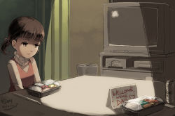 Rule 34 | 10s, 1girl, 2013, alcohol, atlus, beer, beer can, brown eyes, brown hair, can, child, chopsticks, crying, crying with eyes open, dated, doujima nanako, drink can, english text, father&#039;s day, food, frown, hair ribbon, junkpuyo, lonely, persona, persona 4, ribbon, sad, short hair, short twintails, sign, sitting, skirt, solo, sushi, tears, television, trash can, turtleneck, twintails