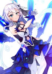 Rule 34 | 1girl, absurdres, bare shoulders, blue eyes, breasts, cleavage, closed mouth, dress, floating, floating object, floating sword, floating weapon, gloves, hair ornament, highres, honkai (series), honkai impact 3rd, long hair, looking at viewer, simple background, sleeveless, sleeveless dress, small breasts, smile, solo, sword, theresa apocalypse, theresa apocalypse (twilight paladin), theresa apocalypse (violet executer), thighhighs, weapon, white background, white gloves, white hair, white thighhighs, yun-yang
