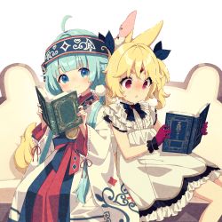 Rule 34 | 2girls, @ @, ahoge, ainu clothes, animal ear fluff, animal ears, blue eyes, blue hair, blue headband, blue ribbon, blush, book, character request, closed mouth, commentary request, couch, dress, frilled dress, frills, gloves, hair ribbon, headband, highres, holding, holding book, indie virtual youtuber, long hair, long sleeves, looking at viewer, mamyouda, multiple girls, nose blush, on couch, open book, parted lips, purple eyes, purple gloves, ribbon, simple background, sitting, smile, sweat, tail, twintails, virtual youtuber, white background, white dress, wide sleeves