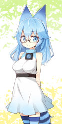 Rule 34 | 10s, 1girl, absurdres, animal ears, arms behind back, arms up, bare arms, bare shoulders, blue eyes, blue hair, blue thighhighs, blush, breasts, closed mouth, colored striped, colored stripes, cowboy shot, dress, glasses, highres, humanization, kemono friends, large breasts, long hair, looking at viewer, lucky beast (kemono friends), medium breasts, personification, renren (ah renren), semi-rimless eyewear, sleeveless, sleeveless dress, smile, standing, striped clothes, striped thighhighs, tail, tareme, thighhighs, two-tone background, under-rim eyewear, underbust, white dress, zettai ryouiki