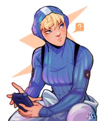 Rule 34 | 1girl, ?, absurdres, apex legends, blonde hair, blue bodysuit, blue eyes, blush, bodysuit, breasts, cellphone, commentary, english commentary, eyebrows hidden by hair, facial scar, highres, holding, holding phone, hood, hood up, hooded bodysuit, lightning bolt symbol, lila (lilakeylk), looking to the side, medium breasts, open hand, phone, ribbed bodysuit, scar, scar on cheek, scar on face, smartphone, solo, spoken question mark, wattson (apex legends)